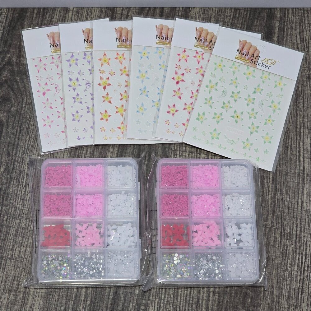 6 Pack Nail Art Flower Sticker & 2 Pack Resin Flowers Bows Pearls 3D Nail Charms